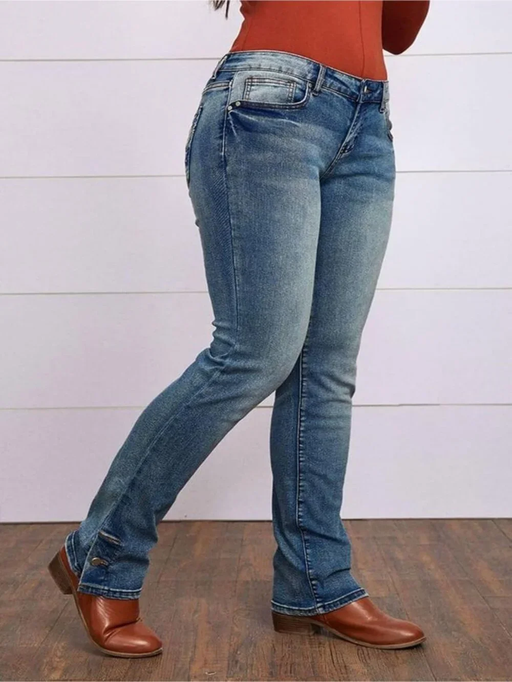 Women's Navy Blue Pull On Mid Rise Flare Leg Zipper Lifting Bootcut Jeans